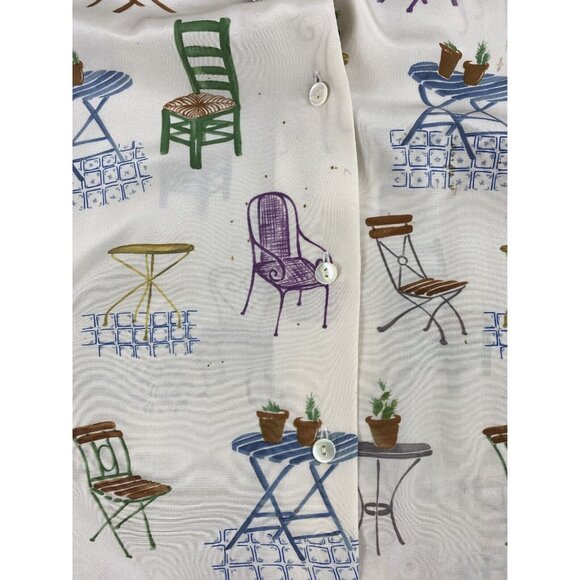 Ishyu Womens 8 Whimsical Silk Button-Down Shirt Colorful Chair Table Print VTG - Picture 15 of 15